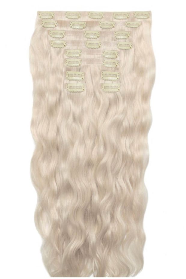 18" Beach Wave Double Hair Set Clip-In Extensions - Pure Platinum