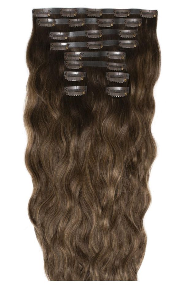 18" Beach Wave Double Hair Set Clip-In Extensions - Brond'mbre