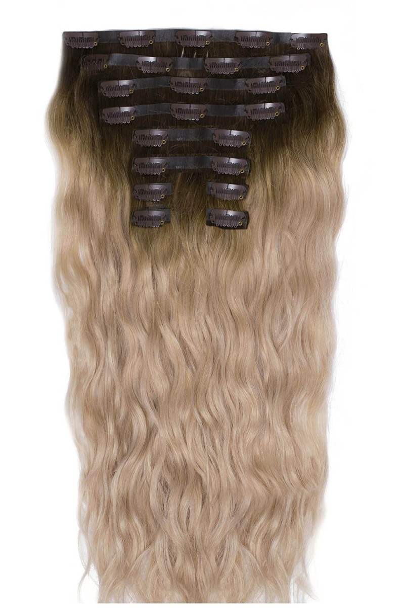 18" Beach Wave Double Hair Set Clip-In Extensions - High Contrast Warm