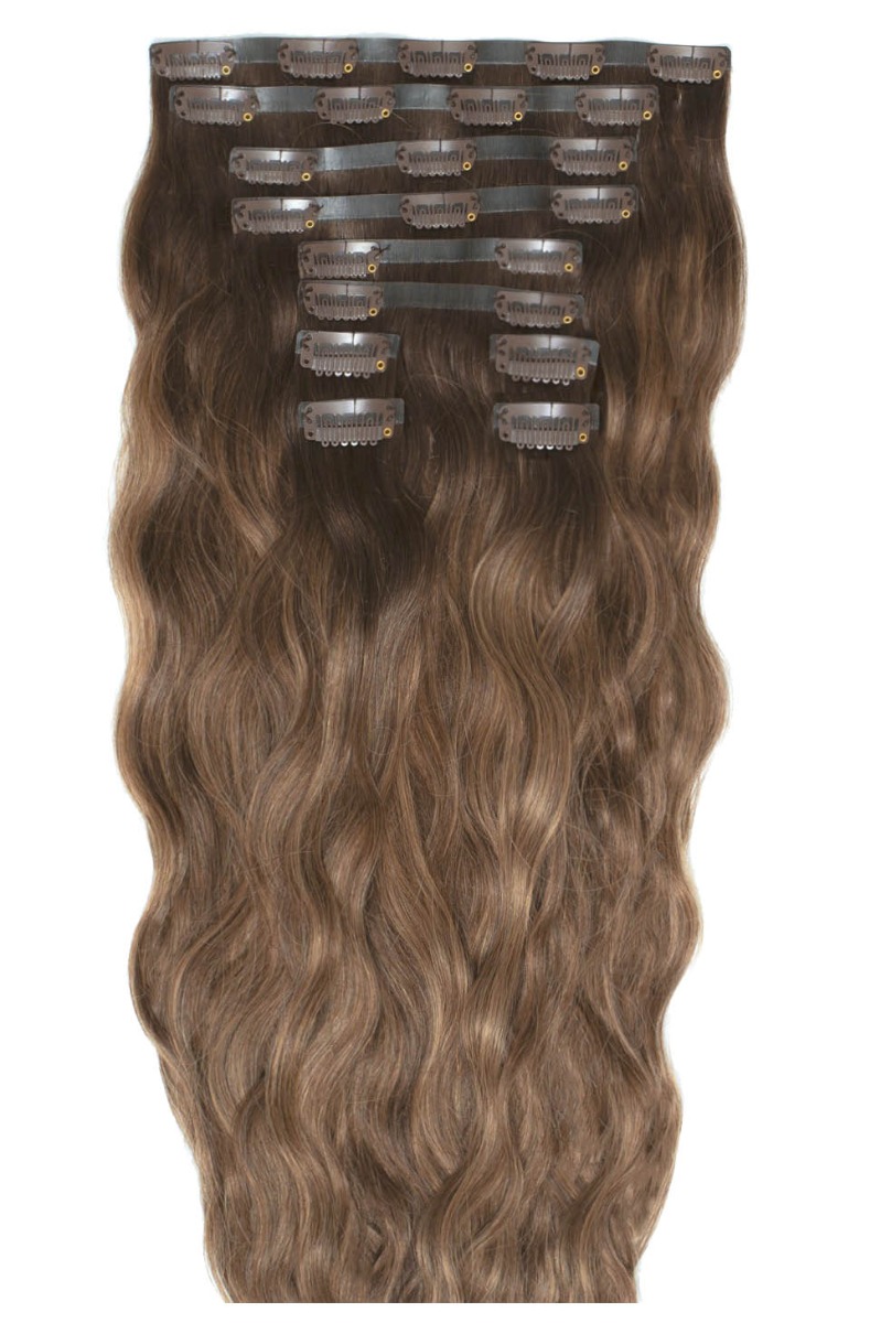 18" Beach Wave Double Hair Set Clip-In Extensions - Mocha Melt