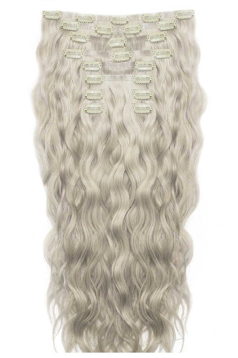 18" Beach Wave Double Hair Set Clip-In Extensions - Silver
